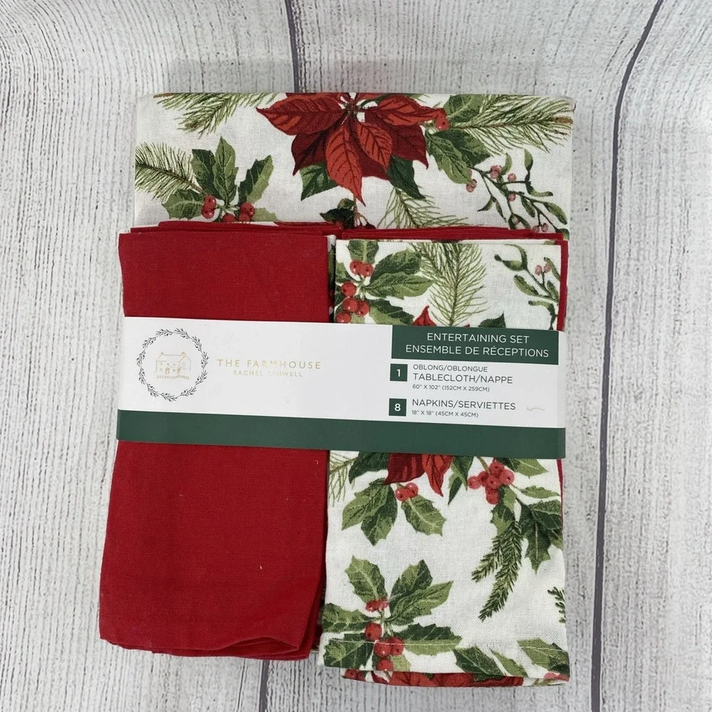 Rachel Ashwell Farmhouse Tablecloth 8-Napkin Set 60x102 Christmas Poinsettia